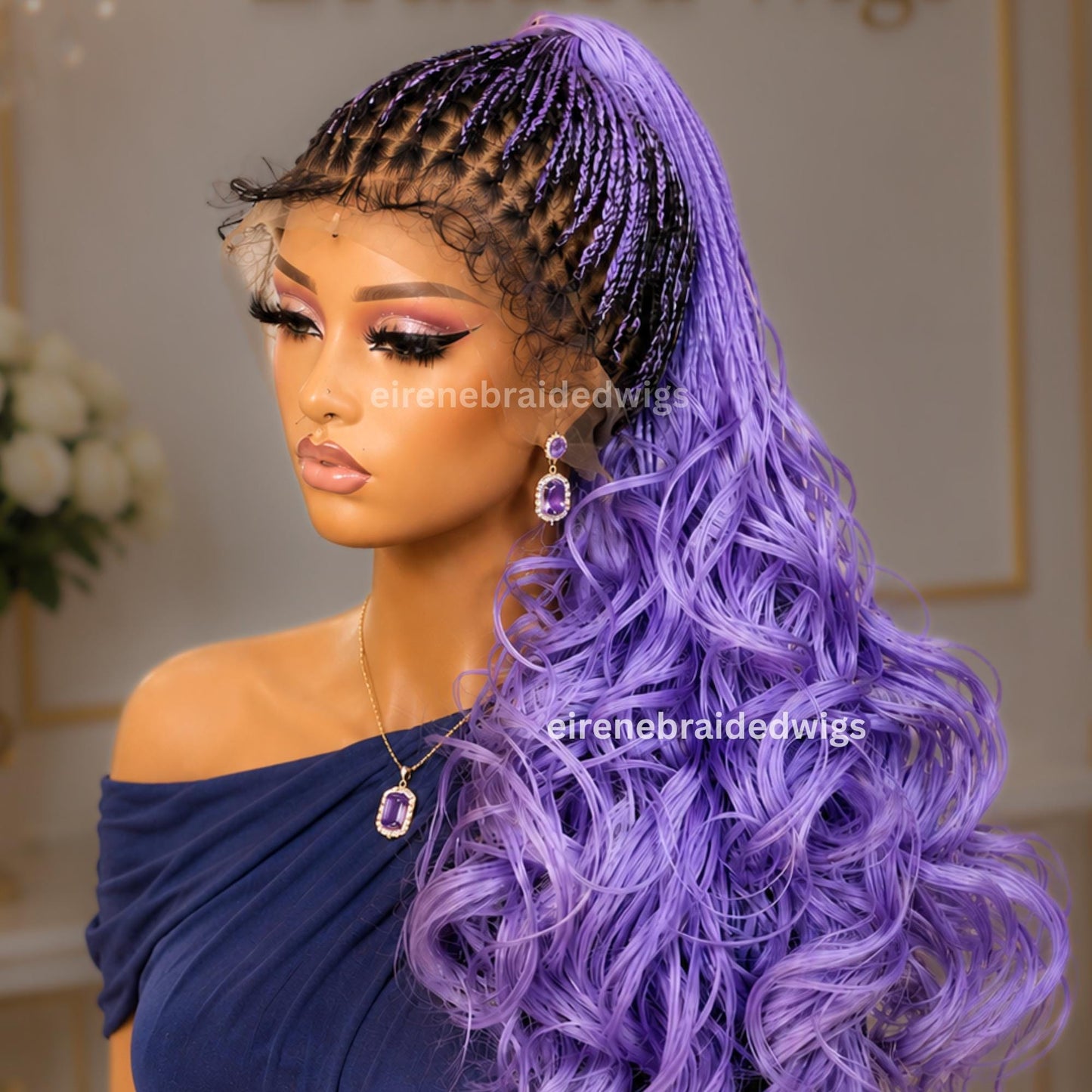 Braided Wigs for Black Women – Spanish Curls Braided Wig – Nano Twist Human Hair Lace Front – Purple – Lilac – Lavender – product image 4