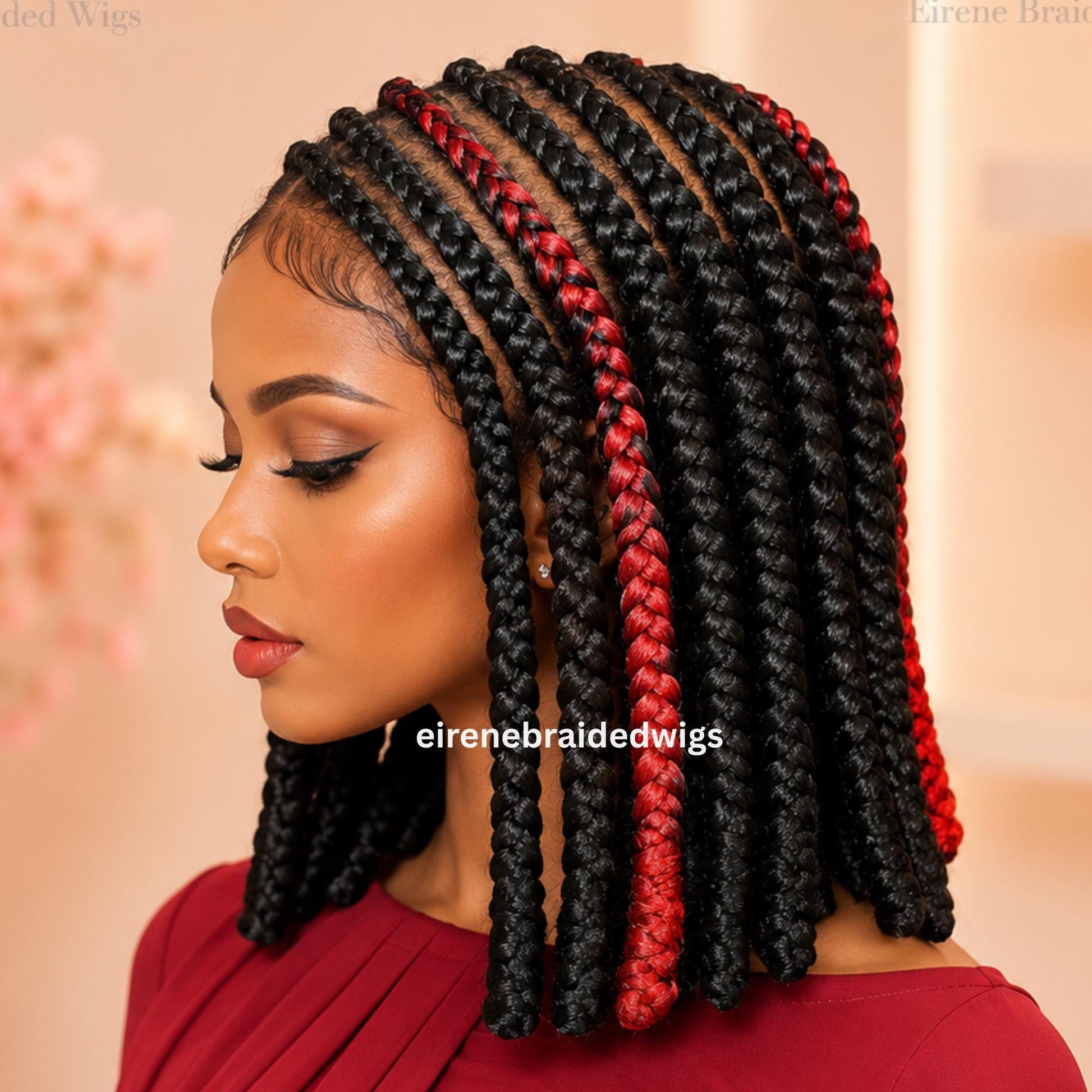 Braided Wigs for Black Women Bob Braided Wig – Black Red Short Cornrow Wig with Baby Hair/ Centre Parting – Bantu Knots Full Lace Wig – product image 2