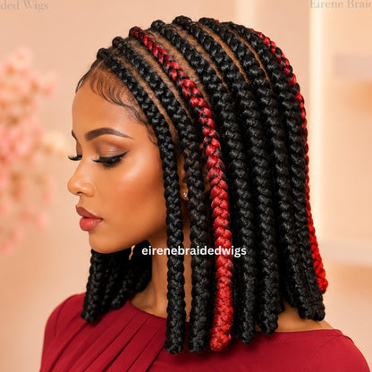 Braided Wigs for Black Women Bob Braided Wig – Black Red Short Cornrow Wig with Baby Hair/ Centre Parting – Bantu Knots Full Lace Wig – product image 2