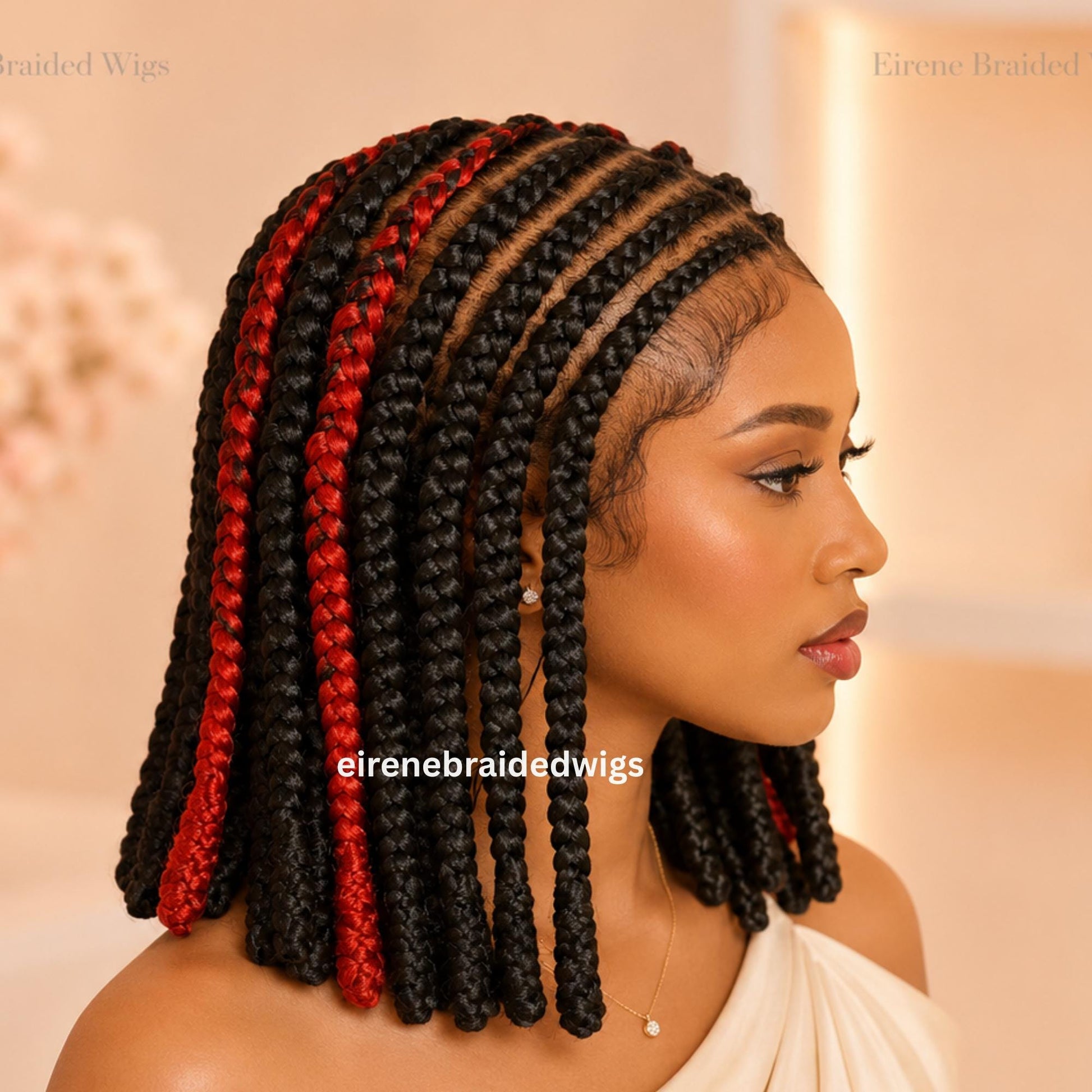 Braided Wigs for Black Women Bob Braided Wig – Black Red Short Cornrow Wig with Baby Hair/ Centre Parting – Bantu Knots Full Lace Wig – product image 4