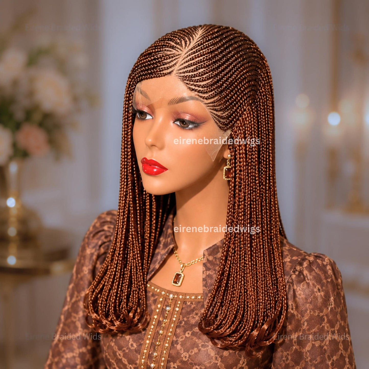Braided Wigs for Black Women – Brown Curly Bob Cornrow Wig – 16-Inch Lace Frontal Black Box Braids – product image 1