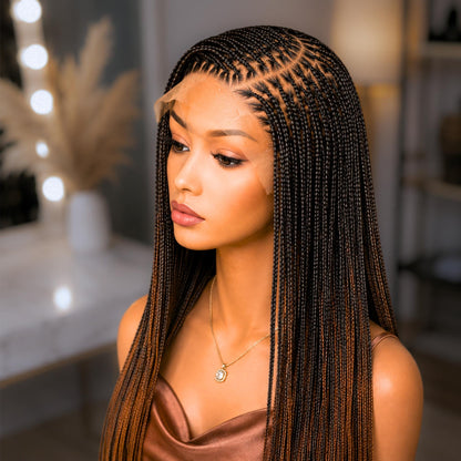Ombre Braided Wigs for Black Women – Bone Straight Knotless C-curve Single Box Braids Wig with Baby Hair – Lace frontal – 26 inches – product image 3