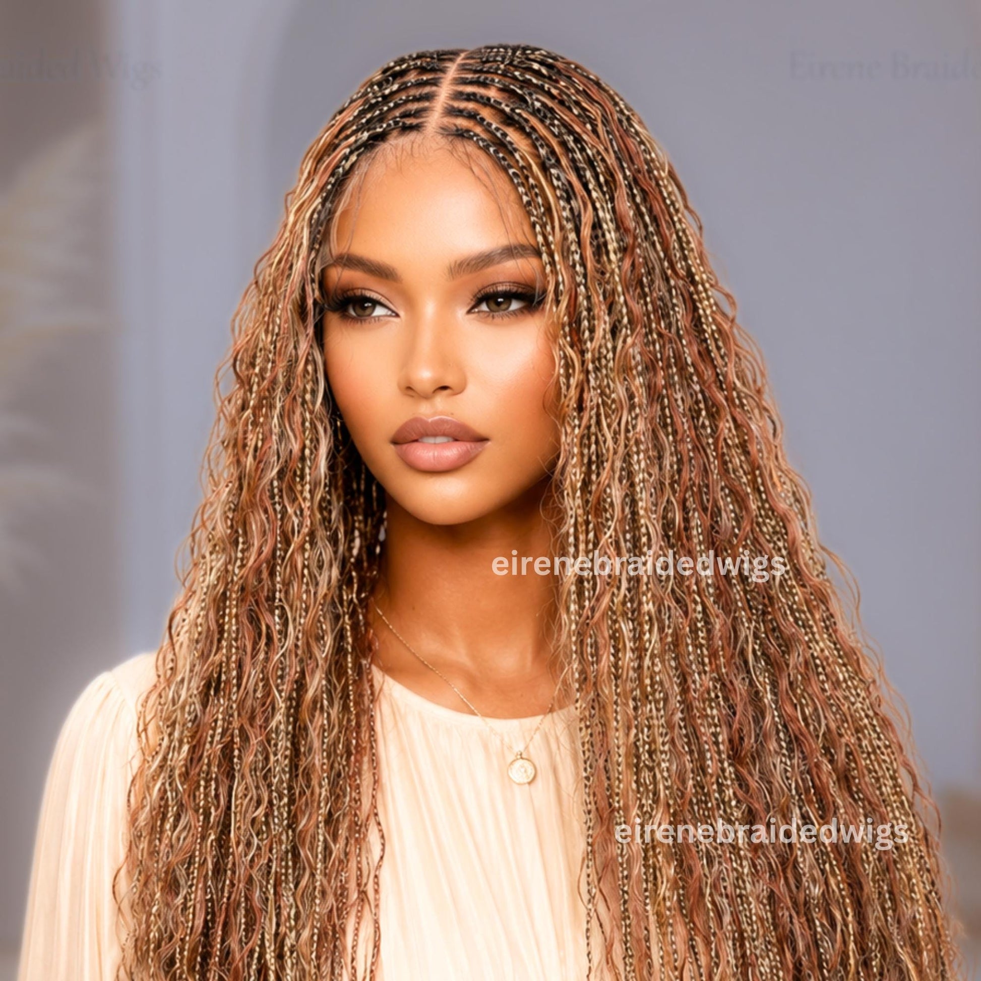 Braided Wigs for Black Women – Curly Knotless Boho Braid Wig – Blonde Platinum Gold Silver Wavy Human Hair Blend – product image 1