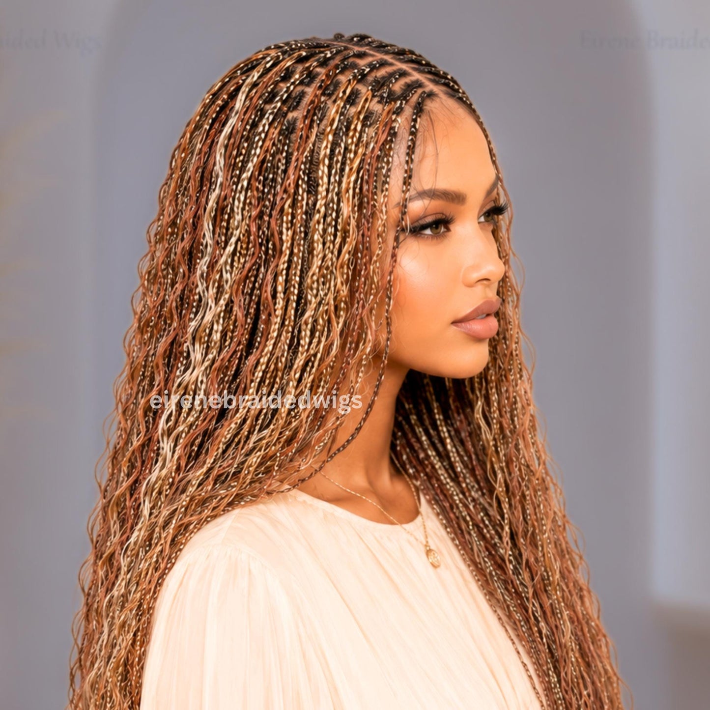 Braided Wigs for Black Women – Curly Knotless Boho Braid Wig – Blonde Platinum Gold Silver Wavy Human Hair Blend – product image 2