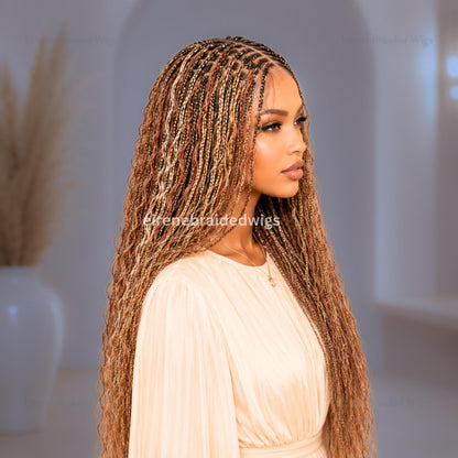 Braided Wigs for Black Women – Curly Knotless Boho Braid Wig – Blonde Platinum Gold Silver Wavy Human Hair Blend – product image 5