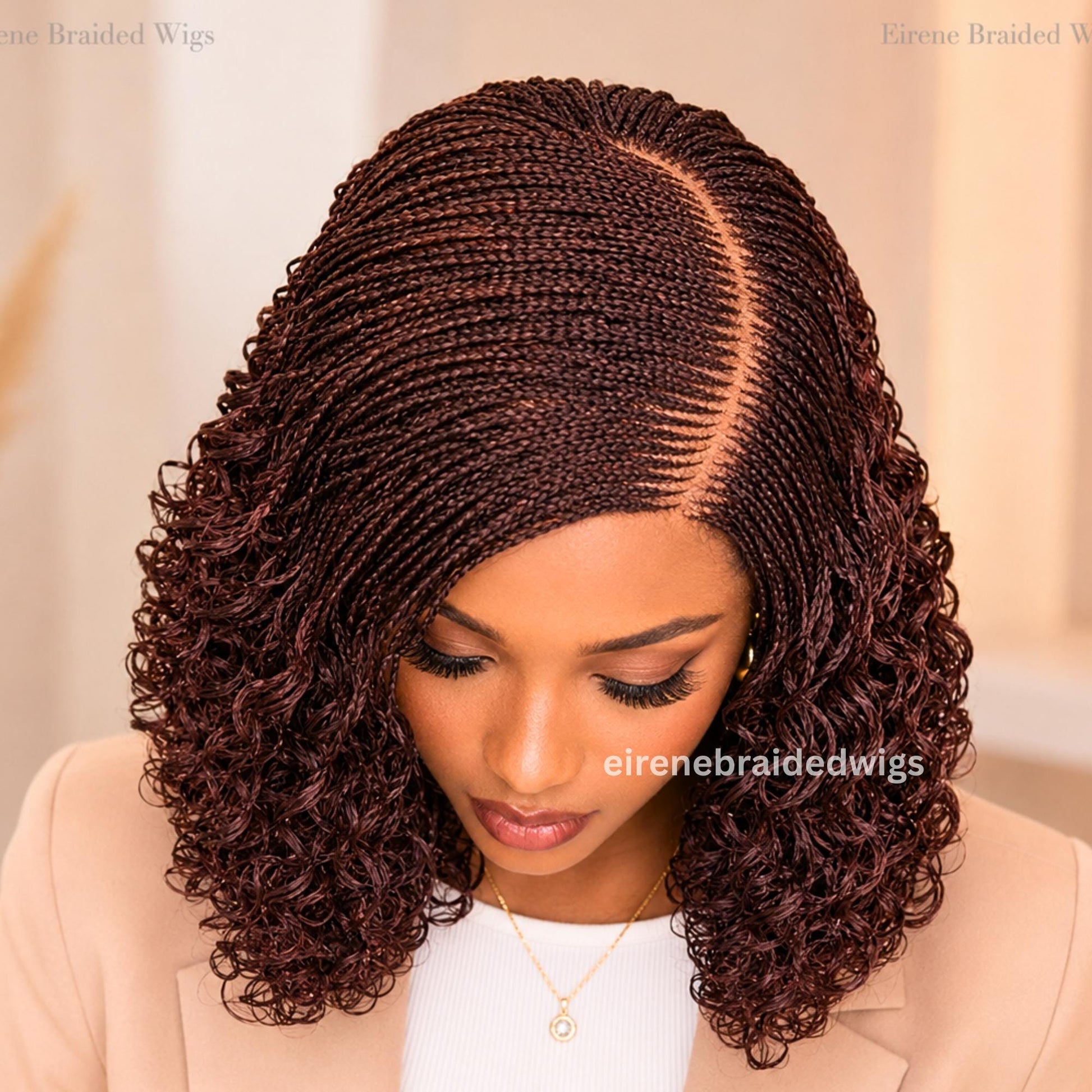 Braided Wig for Black Women – Red Burdundy Aurburn Curly Curved Lace Closure Cornrow Wig – product image 1