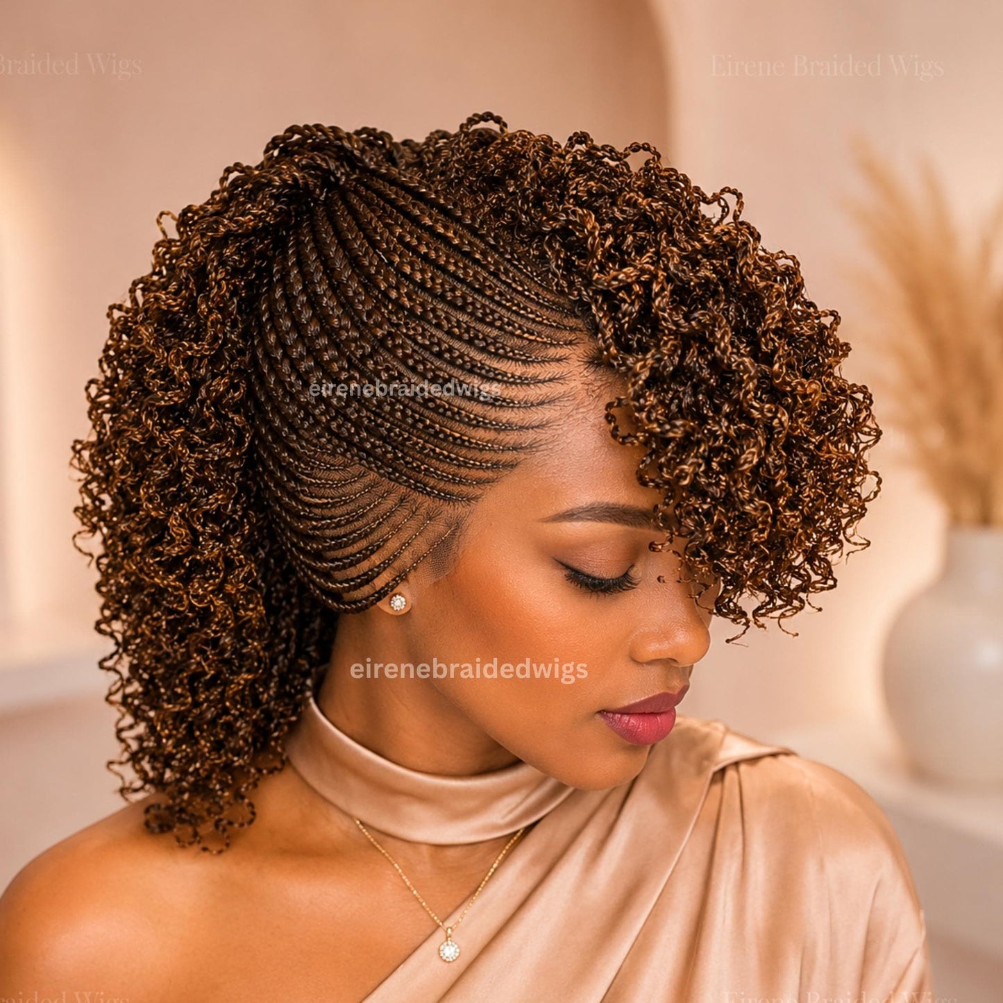 Braided Wigs for Black Women – Brown Short Curly Braided Full Lace Mohawk Cornrow wig – Tribal Updo – Fringe Braids with Bangs – product image 1