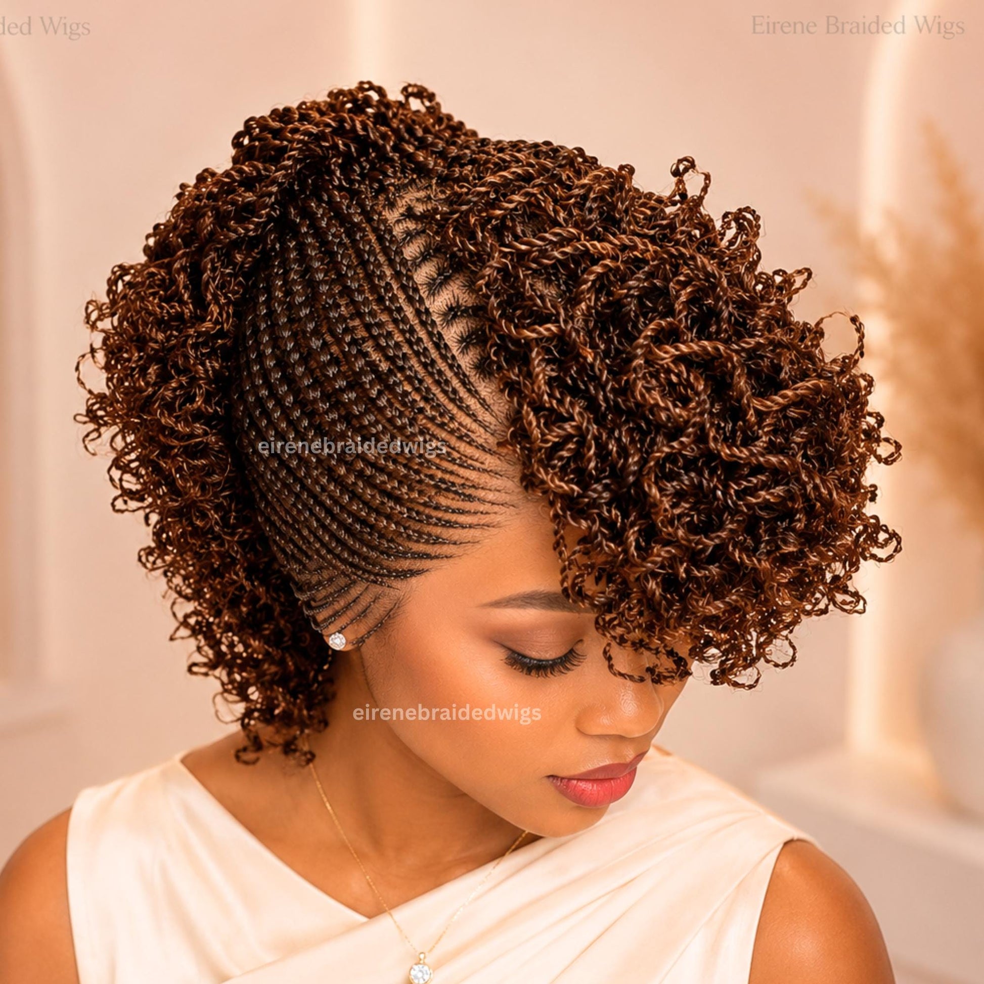 Braided Wigs for Black Women – Brown Short Curly Braided Full Lace Mohawk Cornrow wig – Tribal Updo – Fringe Braids with Bangs – product image 2