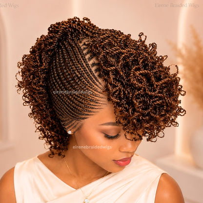 Braided Wigs for Black Women – Brown Short Curly Braided Full Lace Mohawk Cornrow wig – Tribal Updo – Fringe Braids with Bangs – product image 2