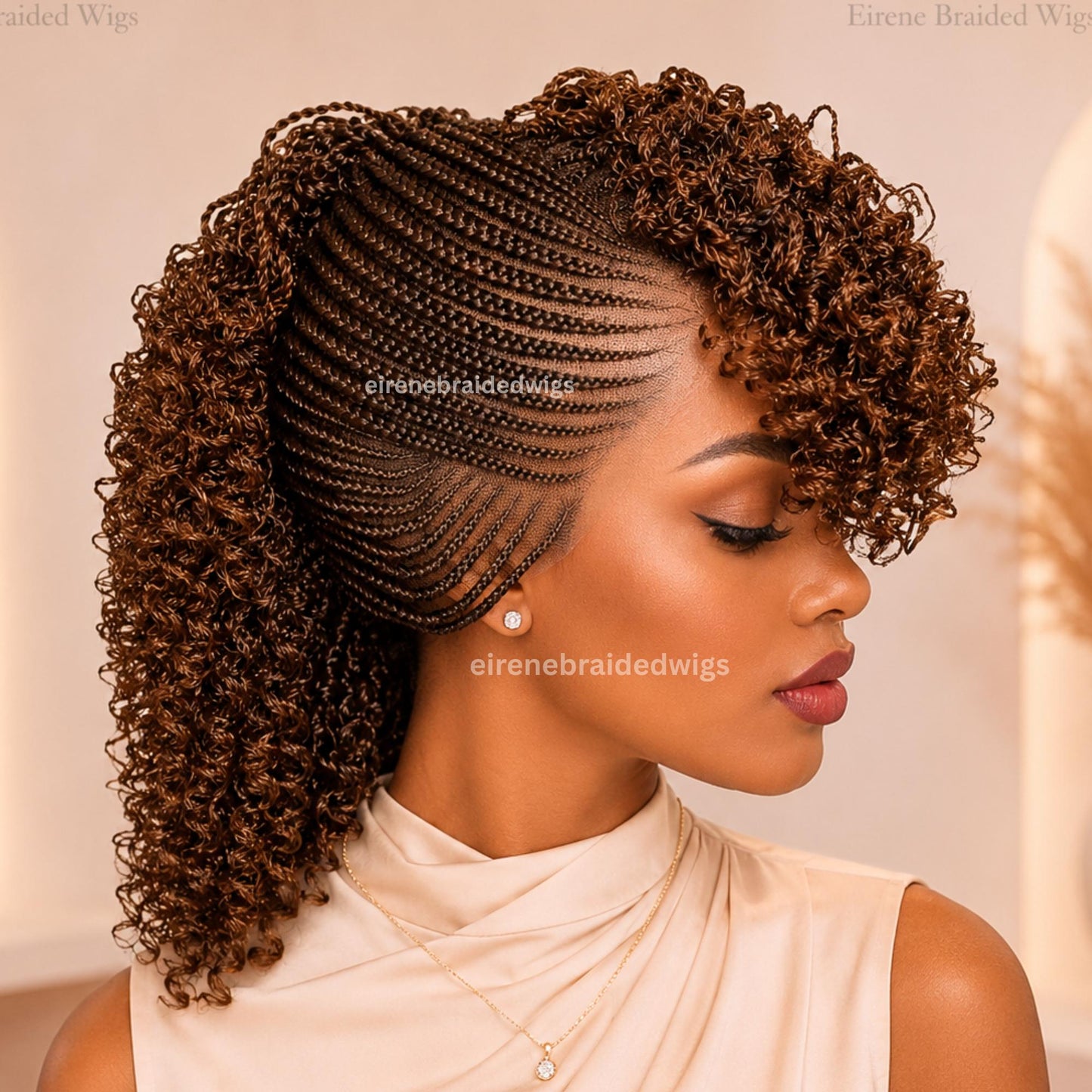 Braided Wigs for Black Women – Brown Short Curly Braided Full Lace Mohawk Cornrow wig – Tribal Updo – Fringe Braids with Bangs – product image 4