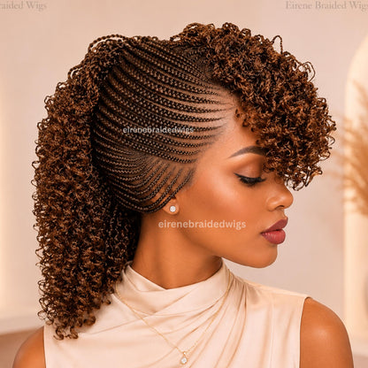 Braided Wigs for Black Women – Brown Short Curly Braided Full Lace Mohawk Cornrow wig – Tribal Updo – Fringe Braids with Bangs – product image 4