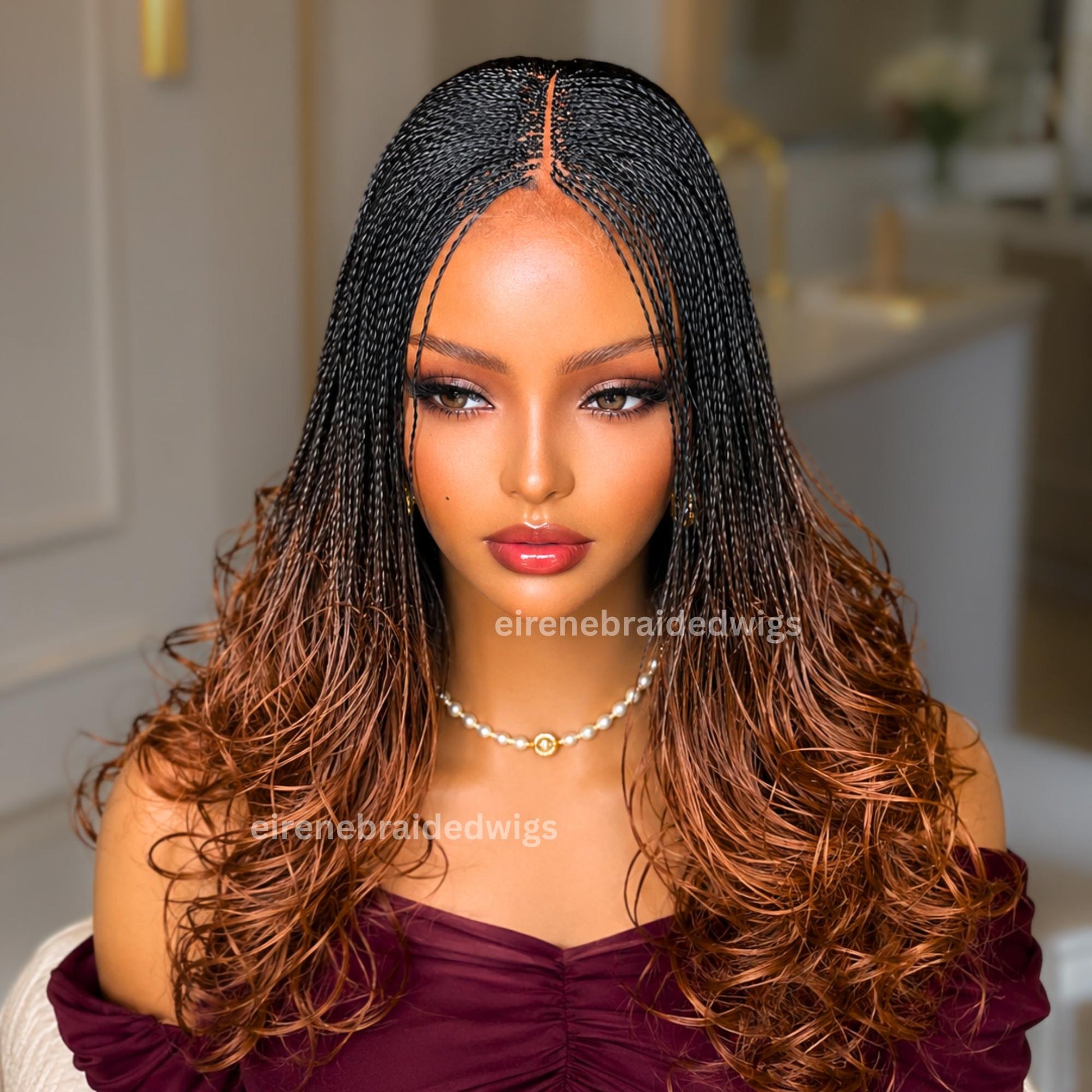 Braided Wigs for Black Women – Knotless Braid Wig – Ombre Spanish Curls – French Nano Twist – Human Hair Lace Closure – product image 5