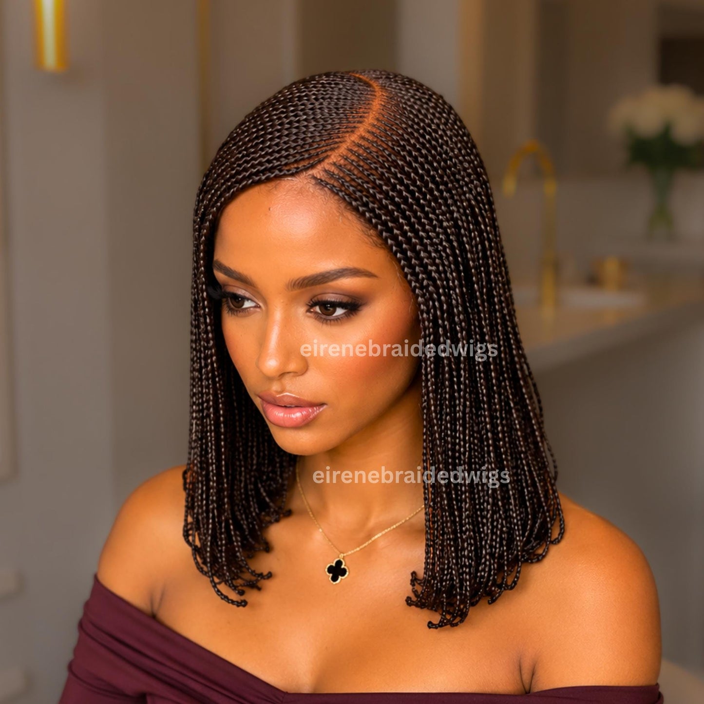 Bob Cornrow braided wig for Black Women – Brown Curly human hair lace-frontal african tribal light-weight side-parting 14-inch – product image 4