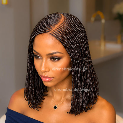 Bob Cornrow braided wig for Black Women – Brown Curly human hair lace-frontal african tribal light-weight side-parting 14-inch – product image 1