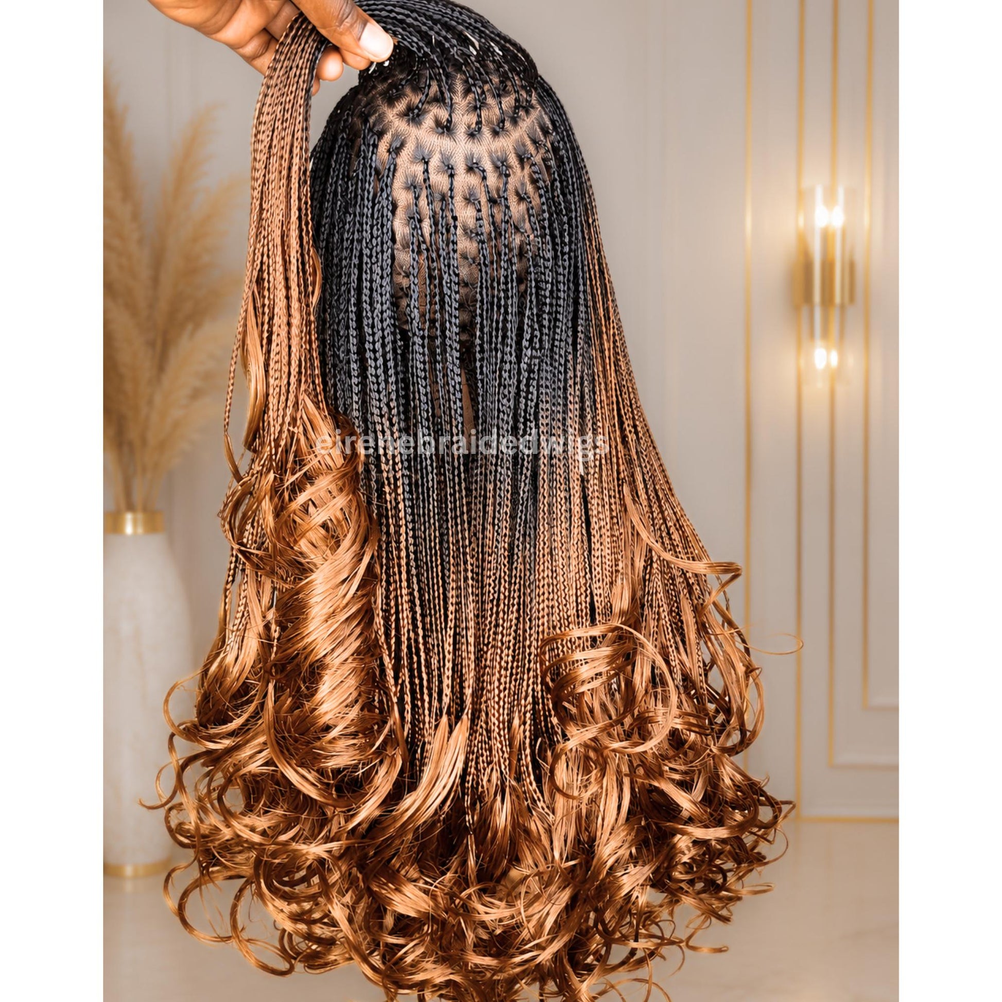 Braided Wigs for Black Women – Knotless Braid Wig – Ombre Spanish Curls – French Nano Twist – Human Hair Lace Closure – product image 3