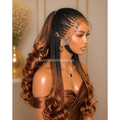 Braided Wigs for Black Women – Knotless Braid Wig – Ombre Spanish Curls – French Nano Twist – Human Hair Lace Closure – product image 1