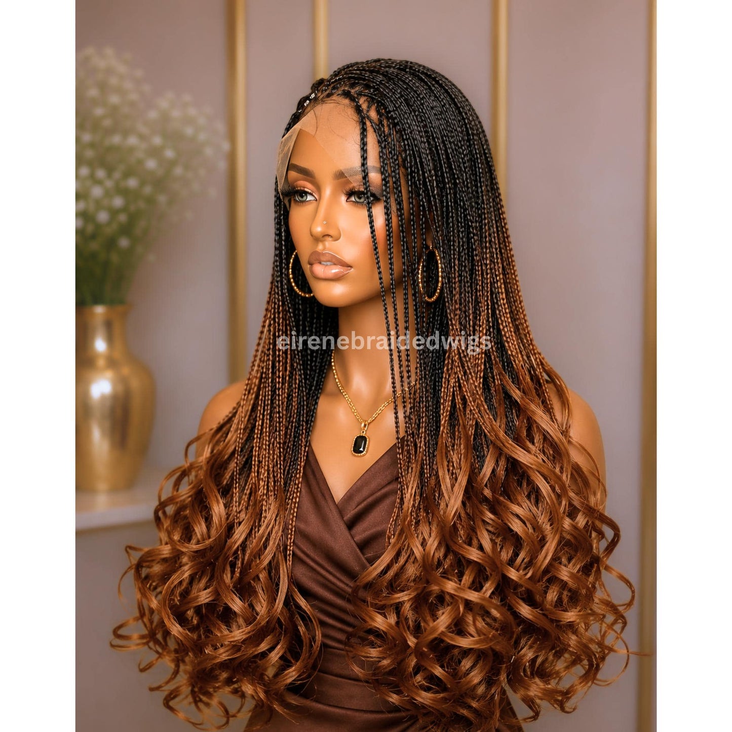 Braided Wigs for Black Women – Knotless Braid Wig – Ombre Spanish Curls – French Nano Twist – Human Hair Lace Closure – product image 4