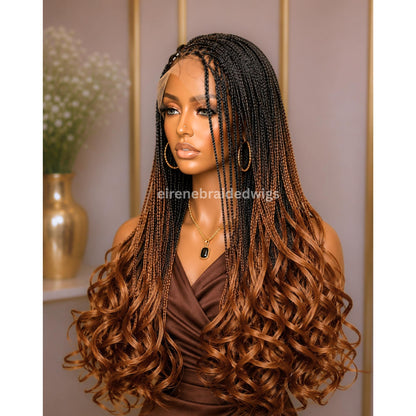 Braided Wigs for Black Women – Knotless Braid Wig – Ombre Spanish Curls – French Nano Twist – Human Hair Lace Closure – product image 4