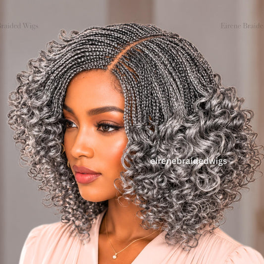 Braided Wigs for Black Women – 10 Inch Curly Salt and Pepper Single Box Braids Wig – Lightweight Lace Closure Wig – product image 1