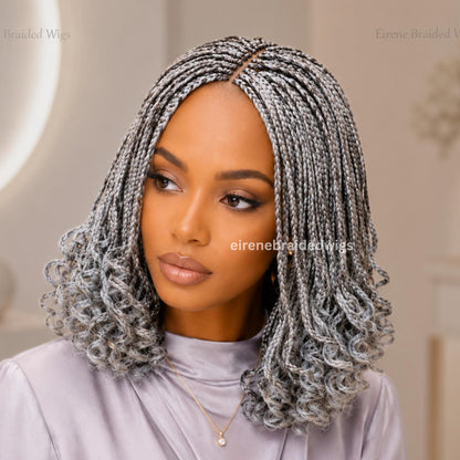 Braided Wigs for Black Women – 10 Inch Curly Salt and Pepper Single Box Braids Wig – Lightweight Lace Closure Wig – product image 1