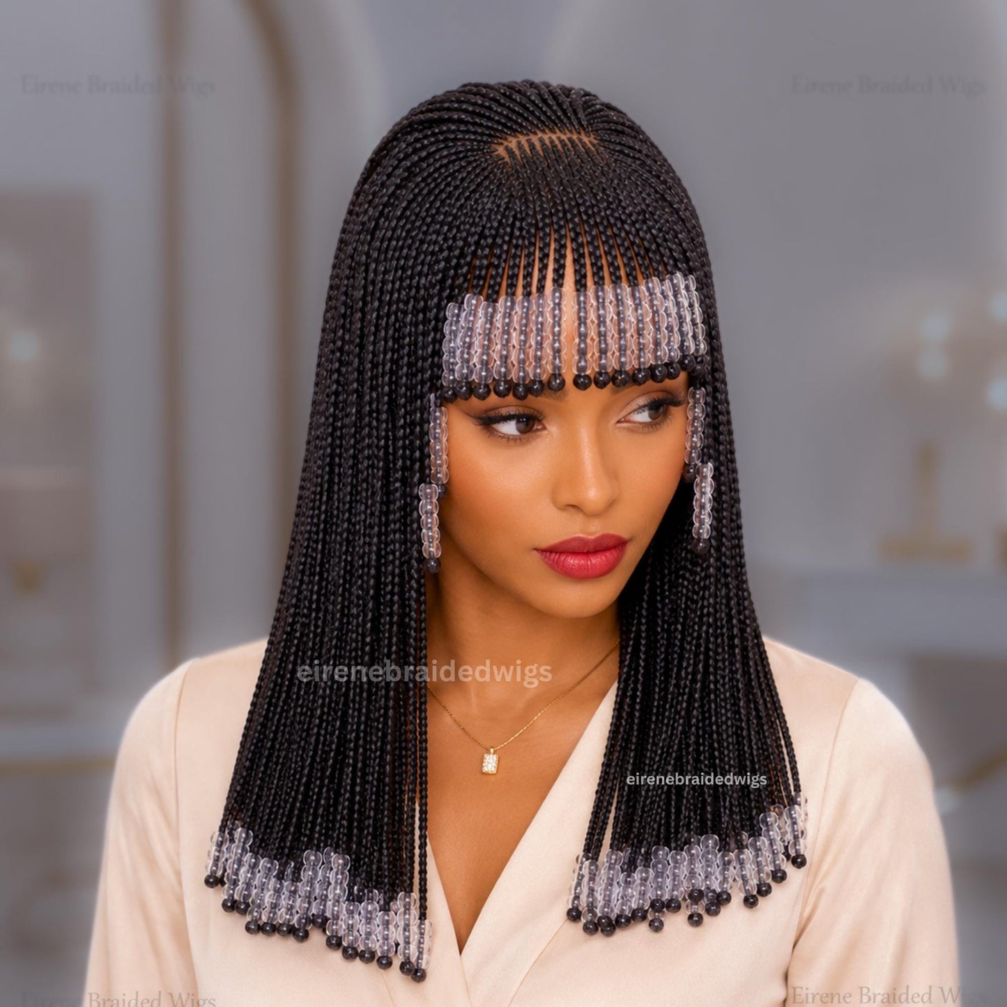 Braided Wigs for Black Women Beaded Braided Wig with Bangs – 16-inch Bob – Lace Frontal – product image 2