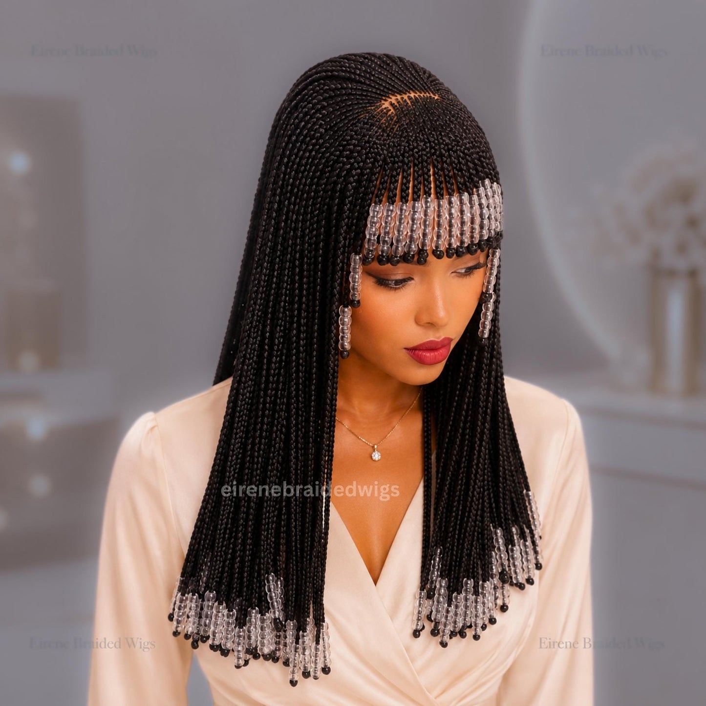 Braided Wigs for Black Women Beaded Braided Wig with Bangs – 16-inch Bob – Lace Frontal – product image 3