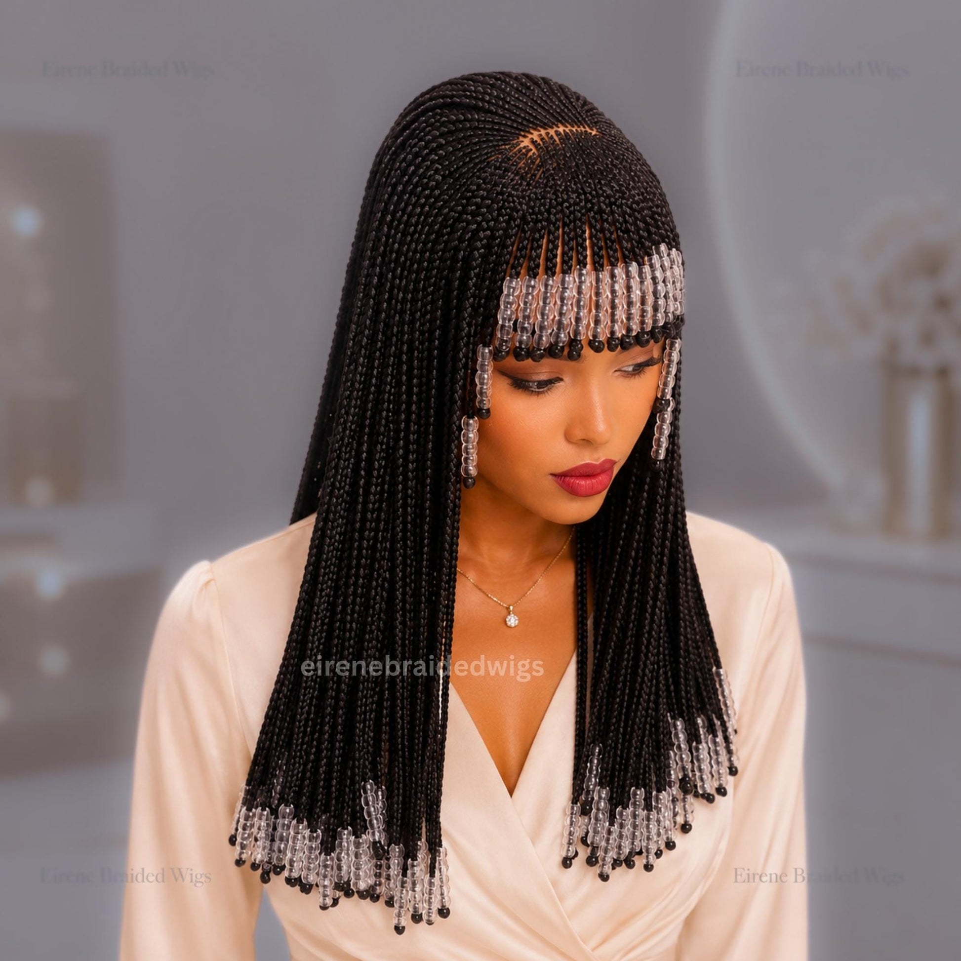Braided Wigs for Black Women Beaded Braided Wig with Bangs – 16-inch Bob – Lace Frontal – product image 3