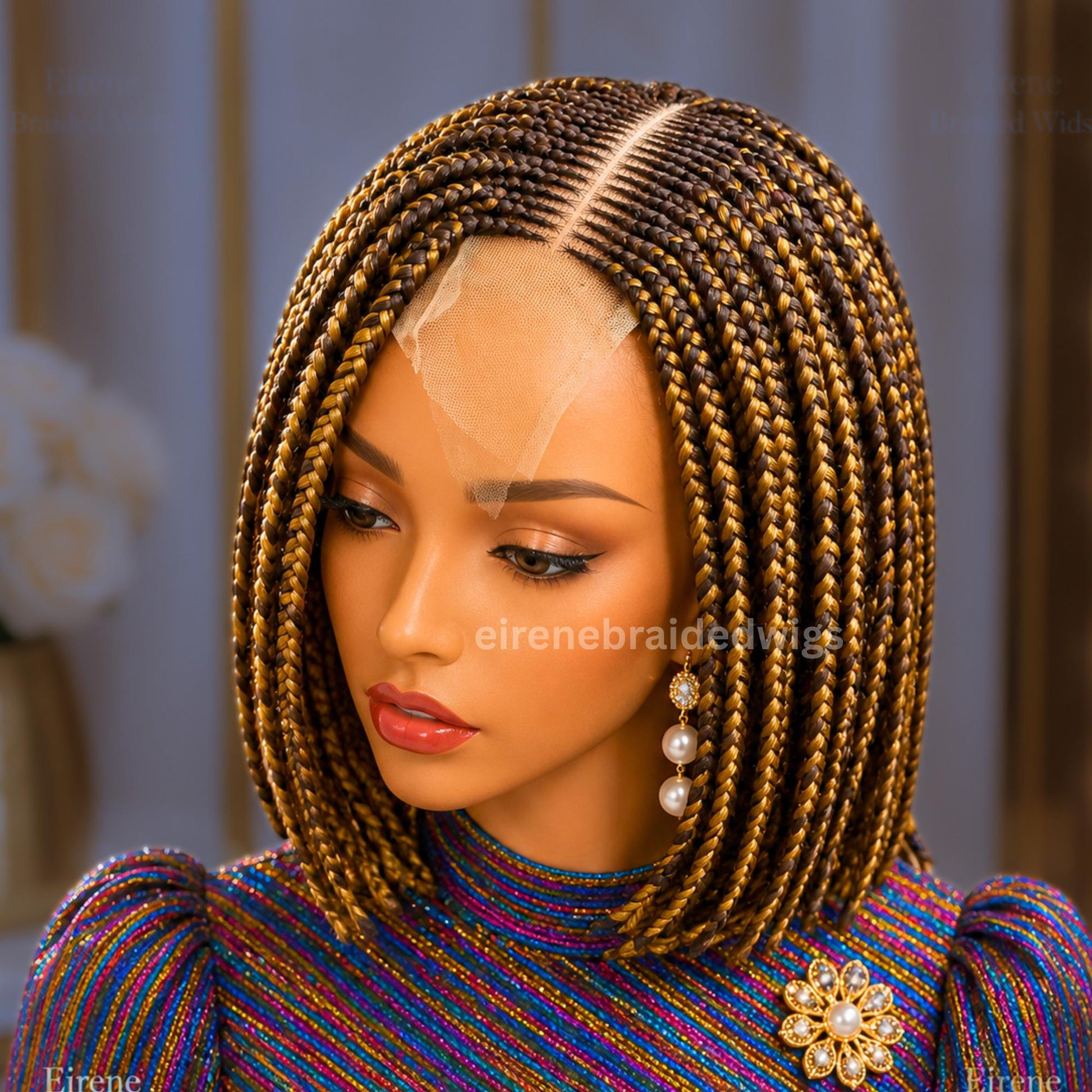 Braided Wigs for Black Women Bob Braids Wig – Short Brown Cornrow Wig with Gold Side Part – product image 5