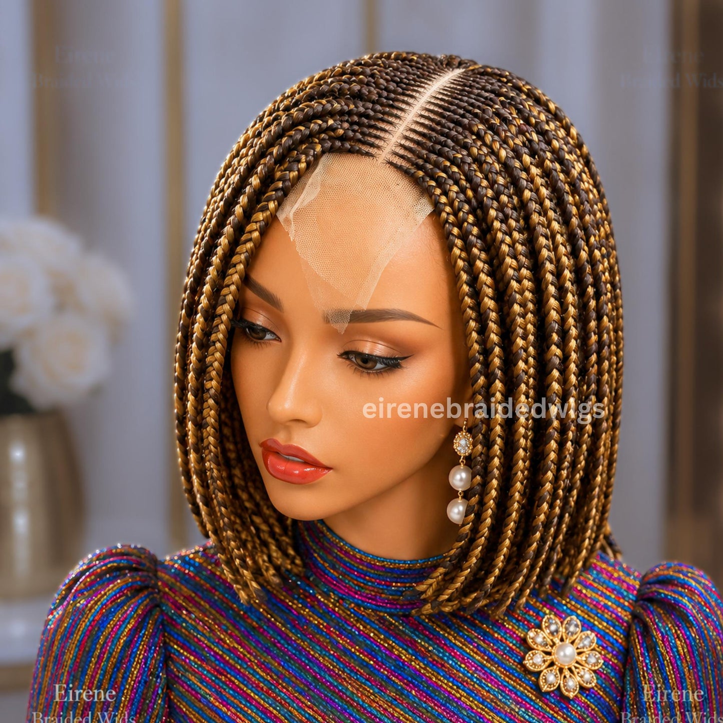 Braided Wigs for Black Women Bob Braids Wig – Short Brown Cornrow Wig with Gold Side Part – product image 6