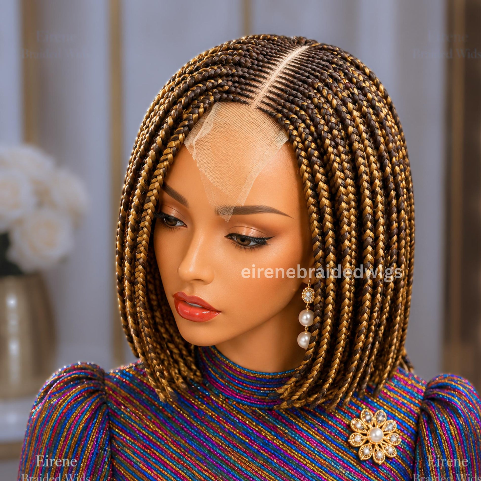 Braided Wigs for Black Women Bob Braids Wig – Short Brown Cornrow Wig with Gold Side Part – product image 6