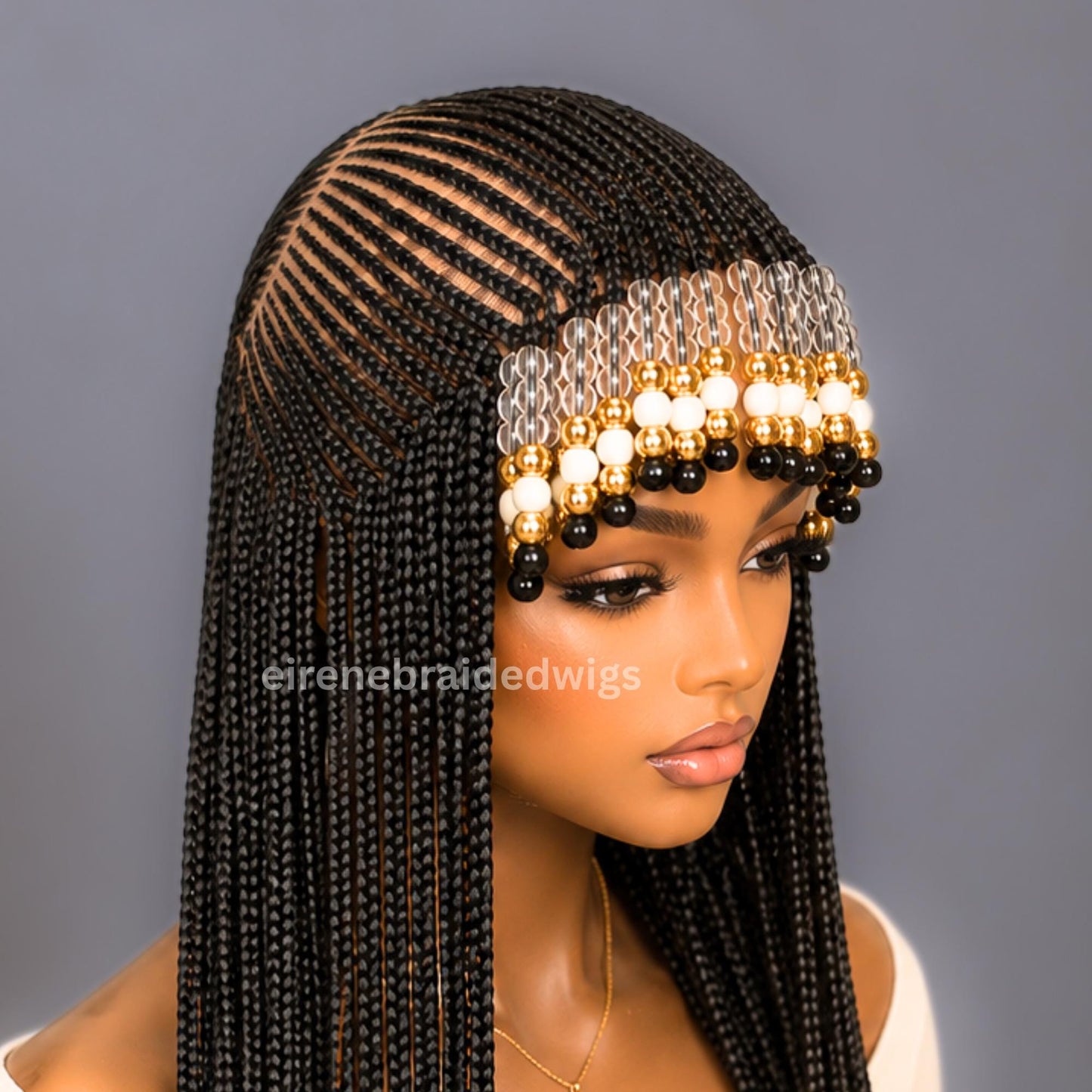Braids wig with Bangs – Fringe Braided Wig With Beads – African Tribal Cornrow Wig for Black Women – Human Hair Lace Frontal Cleopatra – product image 2