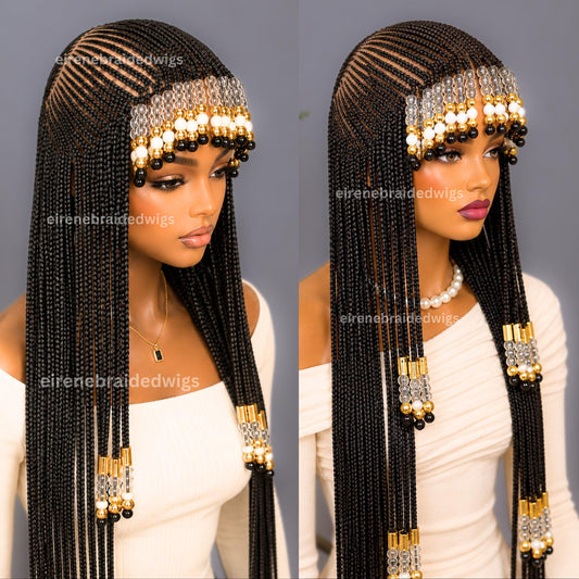 Braids wig with Bangs – Fringe Braided Wig With Beads – African Tribal Cornrow Wig for Black Women – Human Hair Lace Frontal Cleopatra – product image 1
