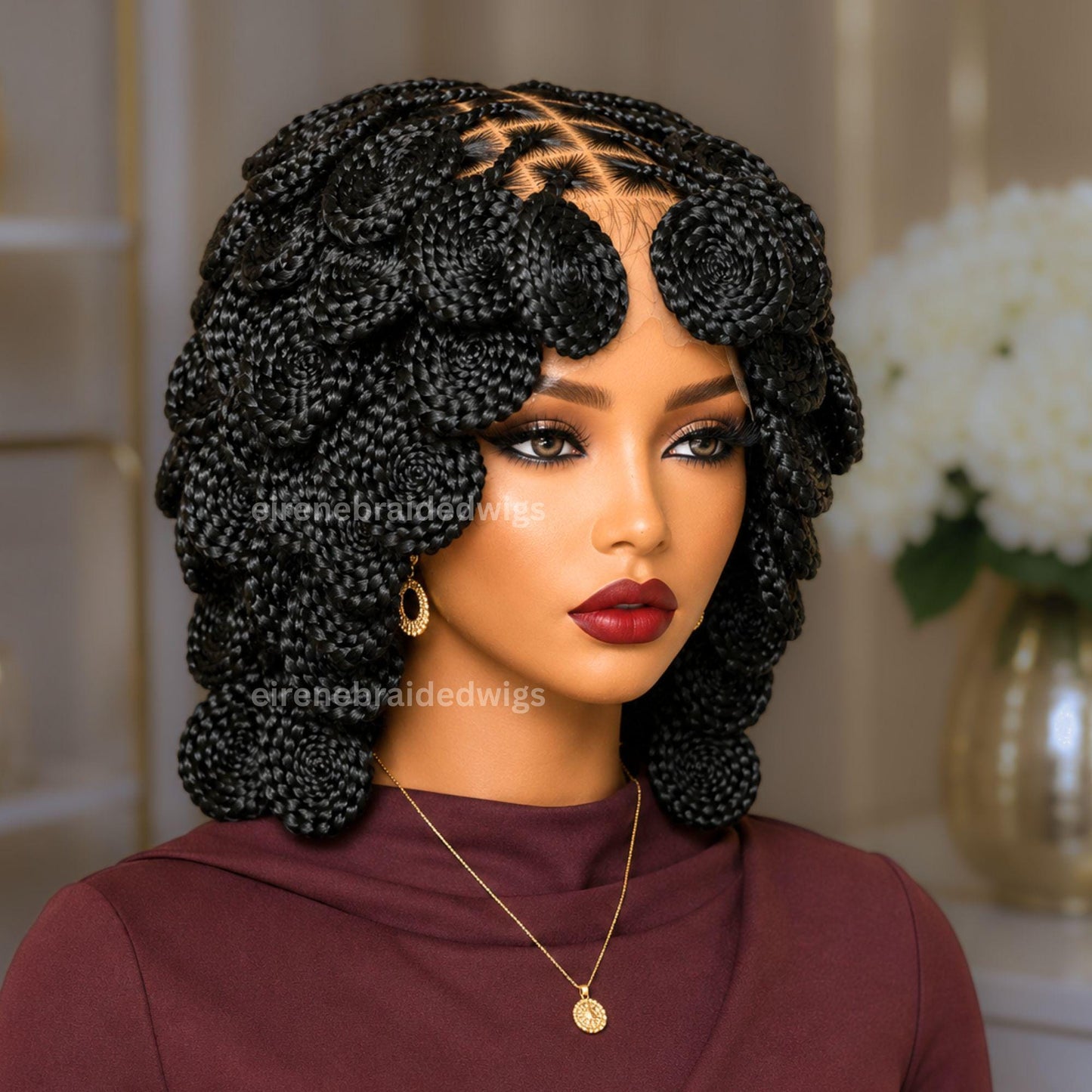 Full Lace Knotless Box Braided Wig – Short Bob Glueless Braids Wig – Handmade African Koroba Wig – Single Braids Rose Coil – product image 1
