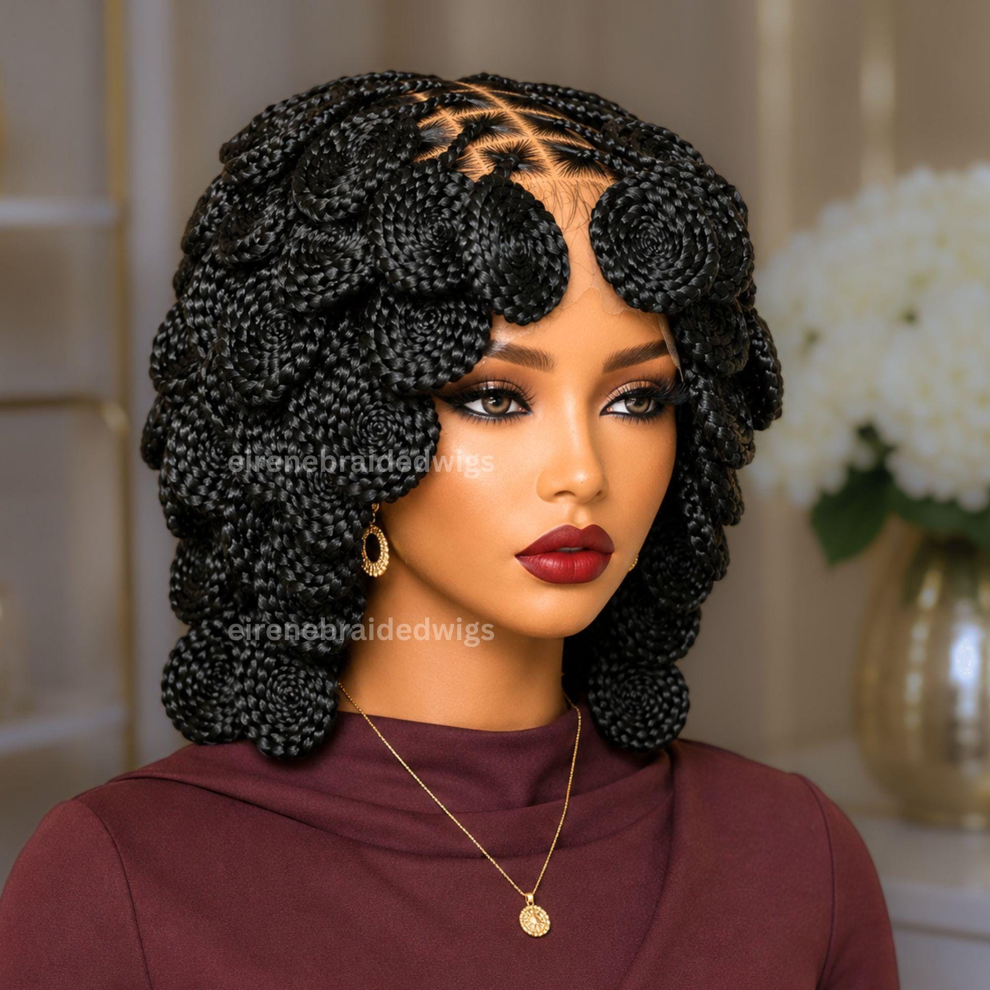 Full Lace Knotless Box Braided Wig – Short Bob Glueless Braids Wig – Handmade African Koroba Wig – Single Braids Rose Coil – product image 1