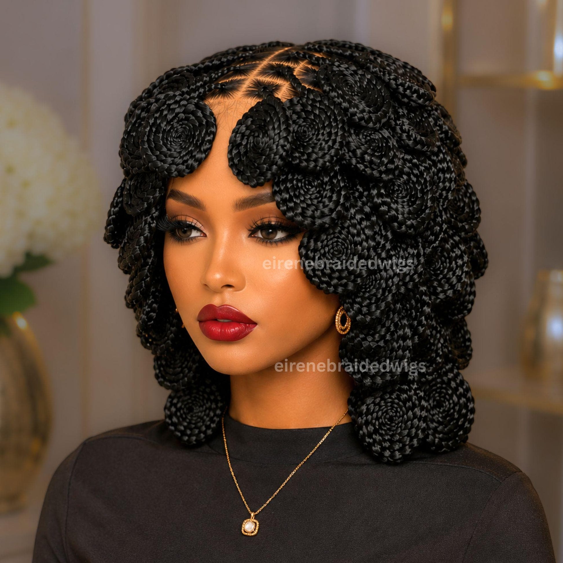 Full Lace Knotless Box Braided Wig – Short Bob Glueless Braids Wig – Handmade African Koroba Wig – Single Braids Rose Coil – product image 5