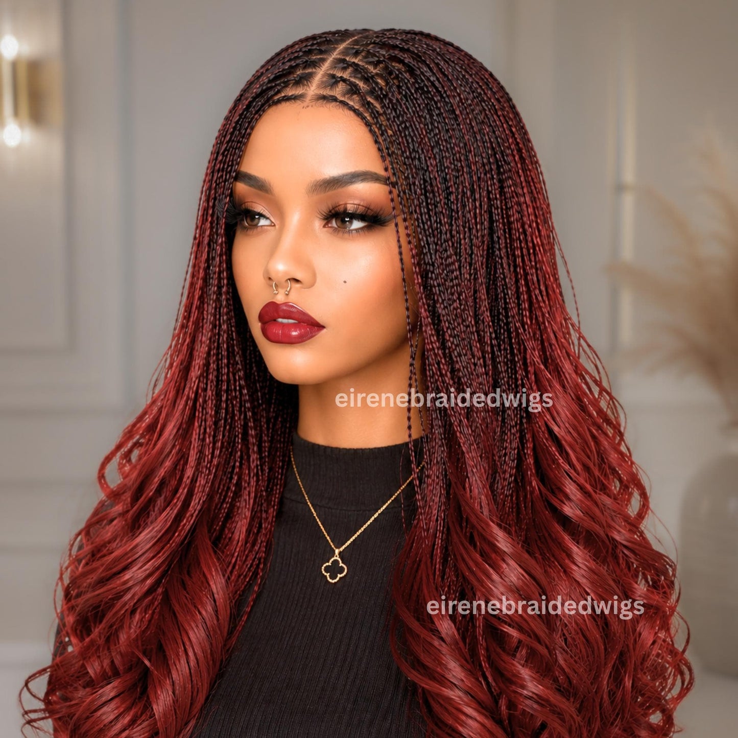 Braided Wig for Black Women – Knotless Braid Wig – Red Burgundy Aurburn Spanish Curls – Single Box Braids French Wave – Human Hair – product image 1