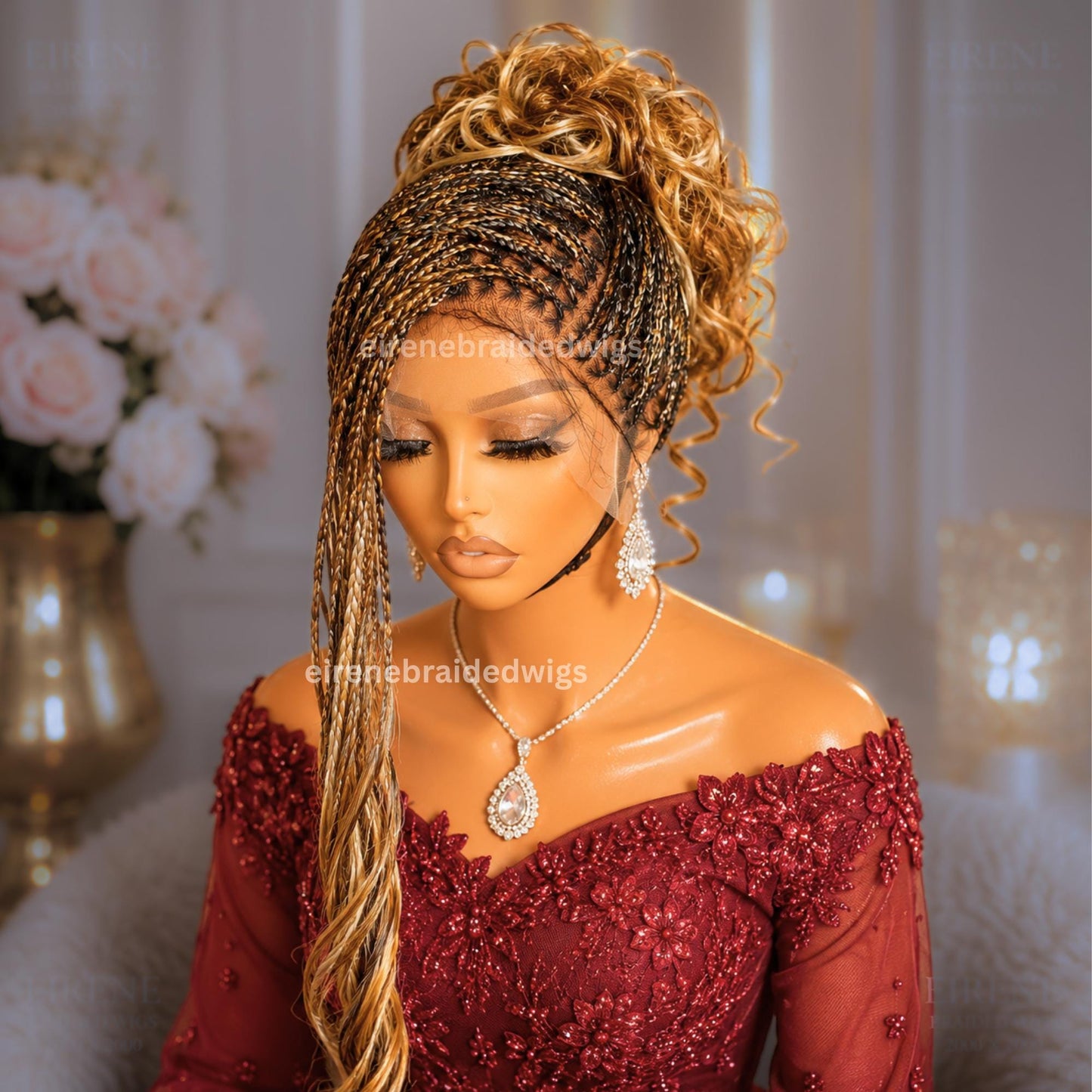 Braided Wigs for Black Women – Knotless Braid Wig – Ombre Spanish Curls – French Nano Twist – Human Hair Full Lace Wig – Gold Brown – product image 4