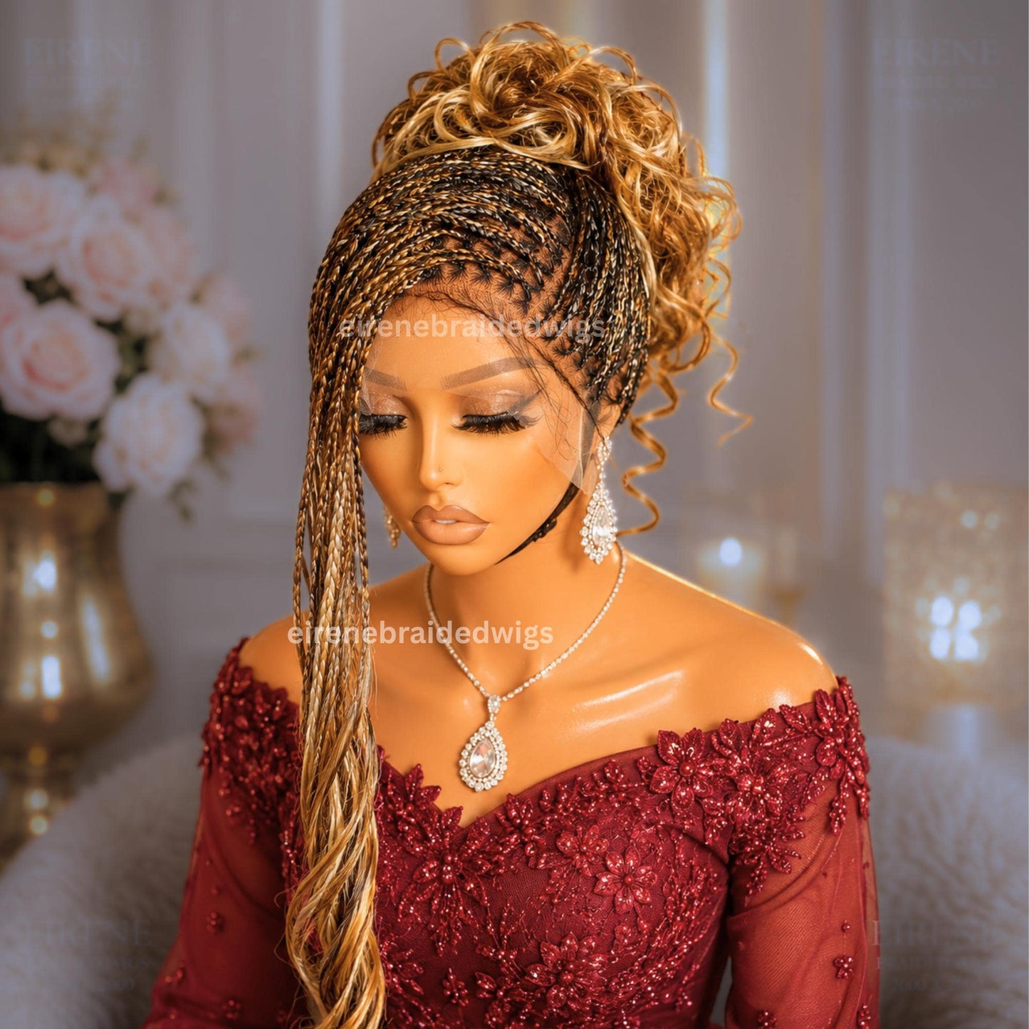 Braided Wigs for Black Women – Knotless Braid Wig – Ombre Spanish Curls – French Nano Twist – Human Hair Full Lace Wig – Gold Brown – product image 1