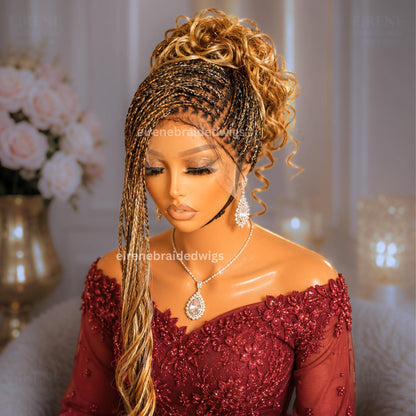 Braided Wigs for Black Women – Knotless Braid Wig – Ombre Spanish Curls – French Nano Twist – Human Hair Full Lace Wig – Gold Brown – product image 1