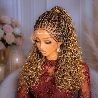Braided Wigs for Black Women – Knotless Braid Wig – Ombre Spanish Curls – French Nano Twist – Human Hair Full Lace Wig – Gold Brown – product image 2