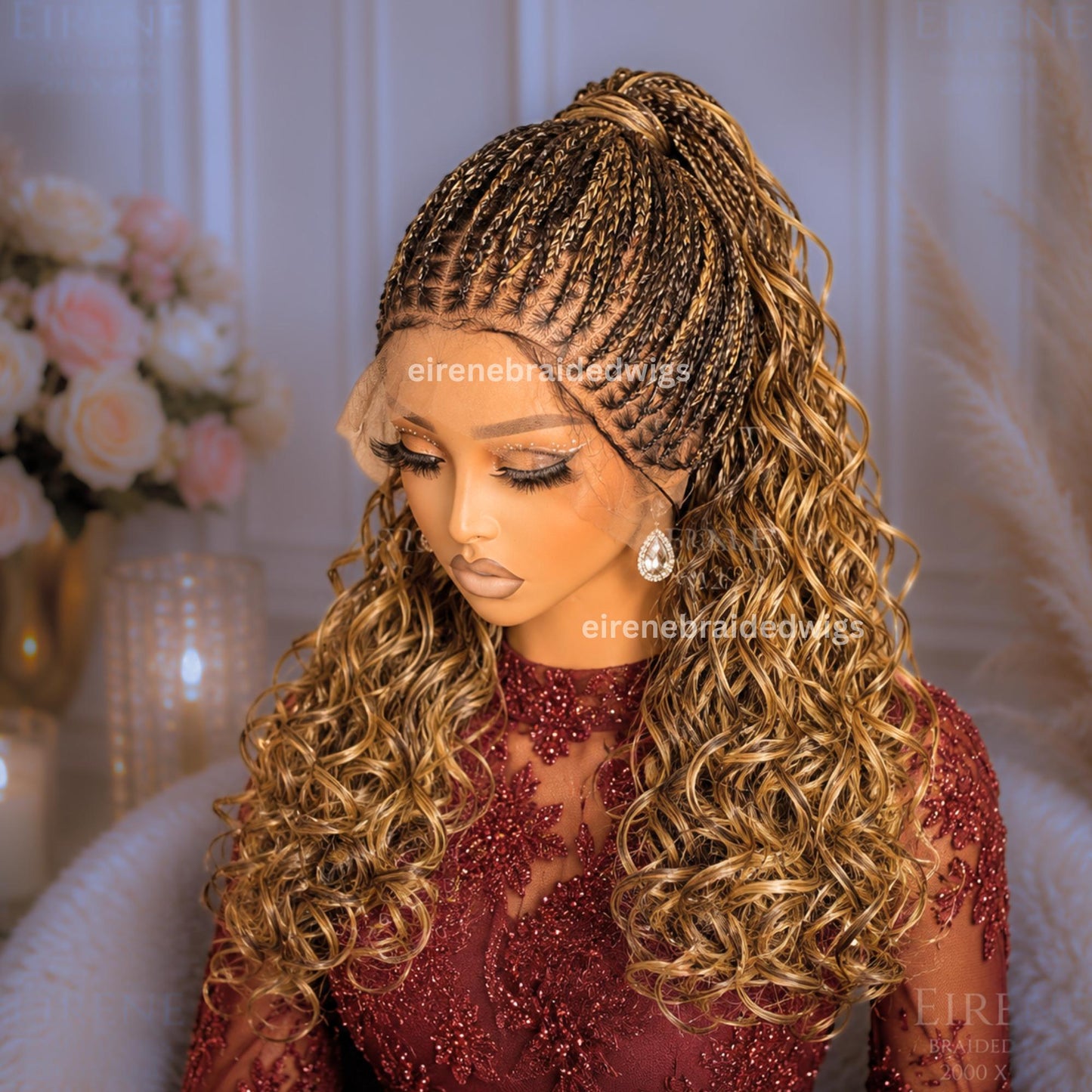 Braided Wigs for Black Women – Knotless Braid Wig – Ombre Spanish Curls – French Nano Twist – Human Hair Full Lace Wig – Gold Brown – product image 1