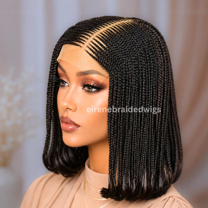 Braided Short Bob Wig for Black Women – Black Brown Fulani Cornrow Human Hair Blend Lace Closure – product image 2