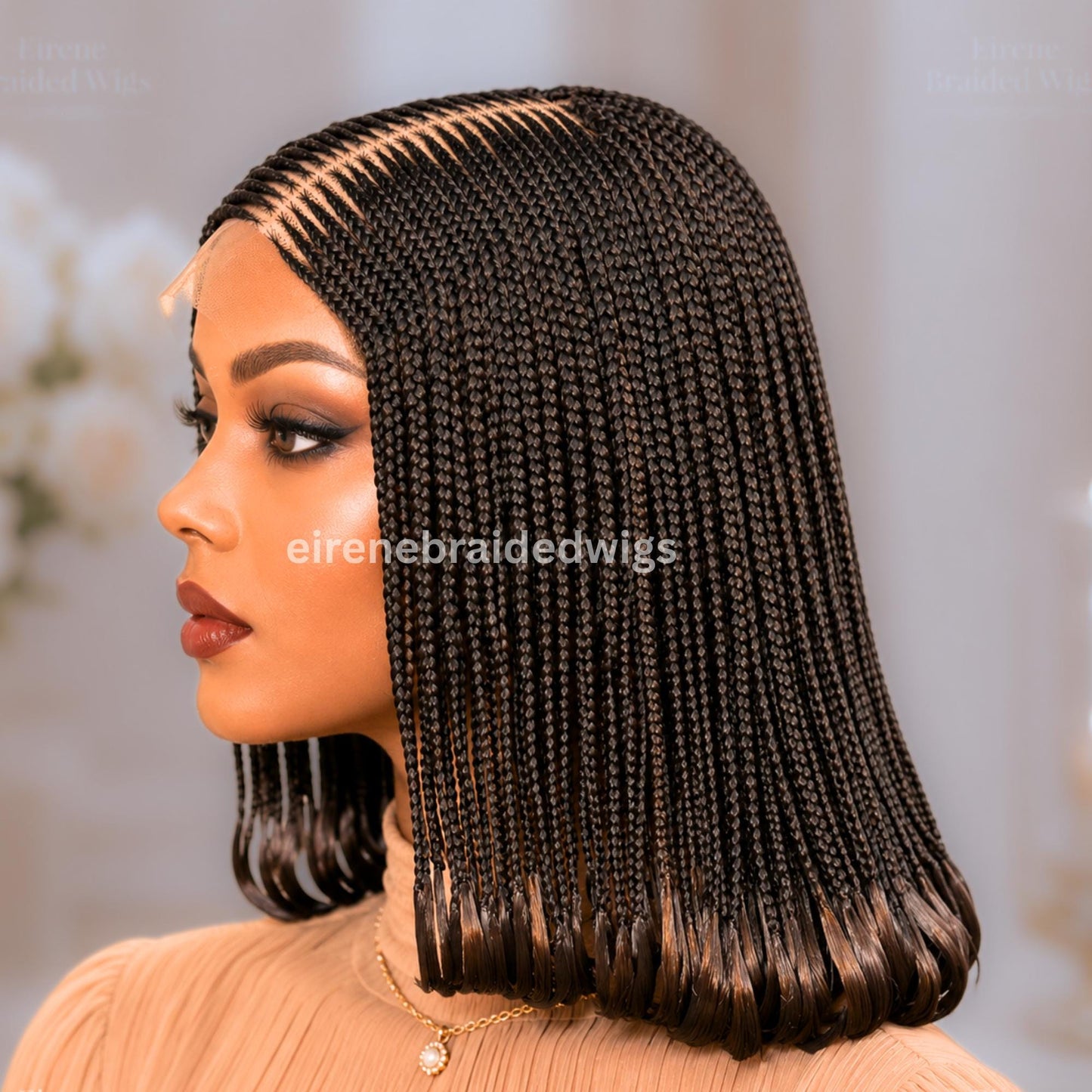 Braided Short Bob Wig for Black Women – Black Brown Fulani Cornrow Human Hair Blend Lace Closure – product image 1