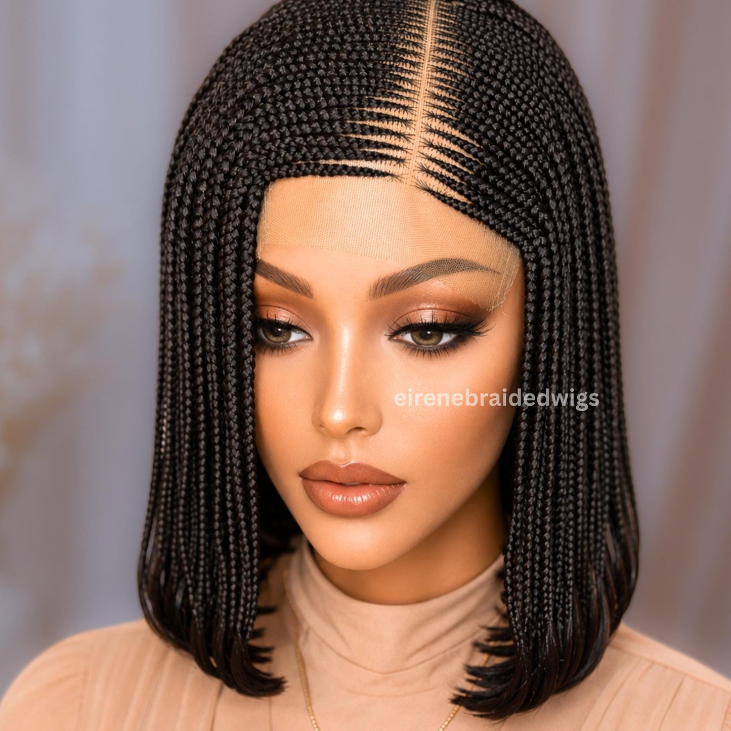 Braided Short Bob Wig for Black Women – Black Brown Fulani Cornrow Human Hair Blend Lace Closure – product image 3
