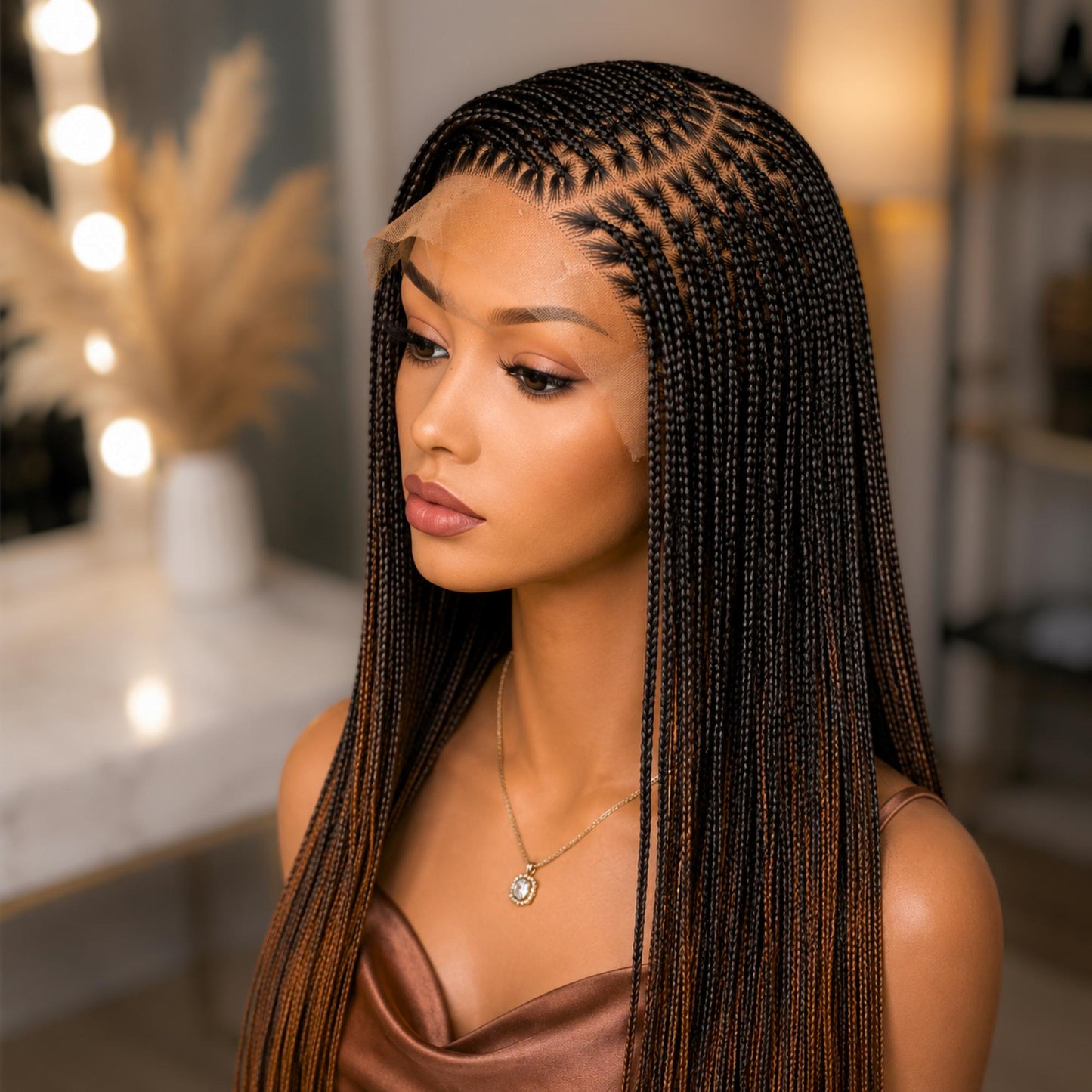 Braided Wigs for Black Women – Bone Straight Black/Brown Ombre Knotless C-curve Single Box Braids Wig with Baby Hair – Lace frontal – product image 2
