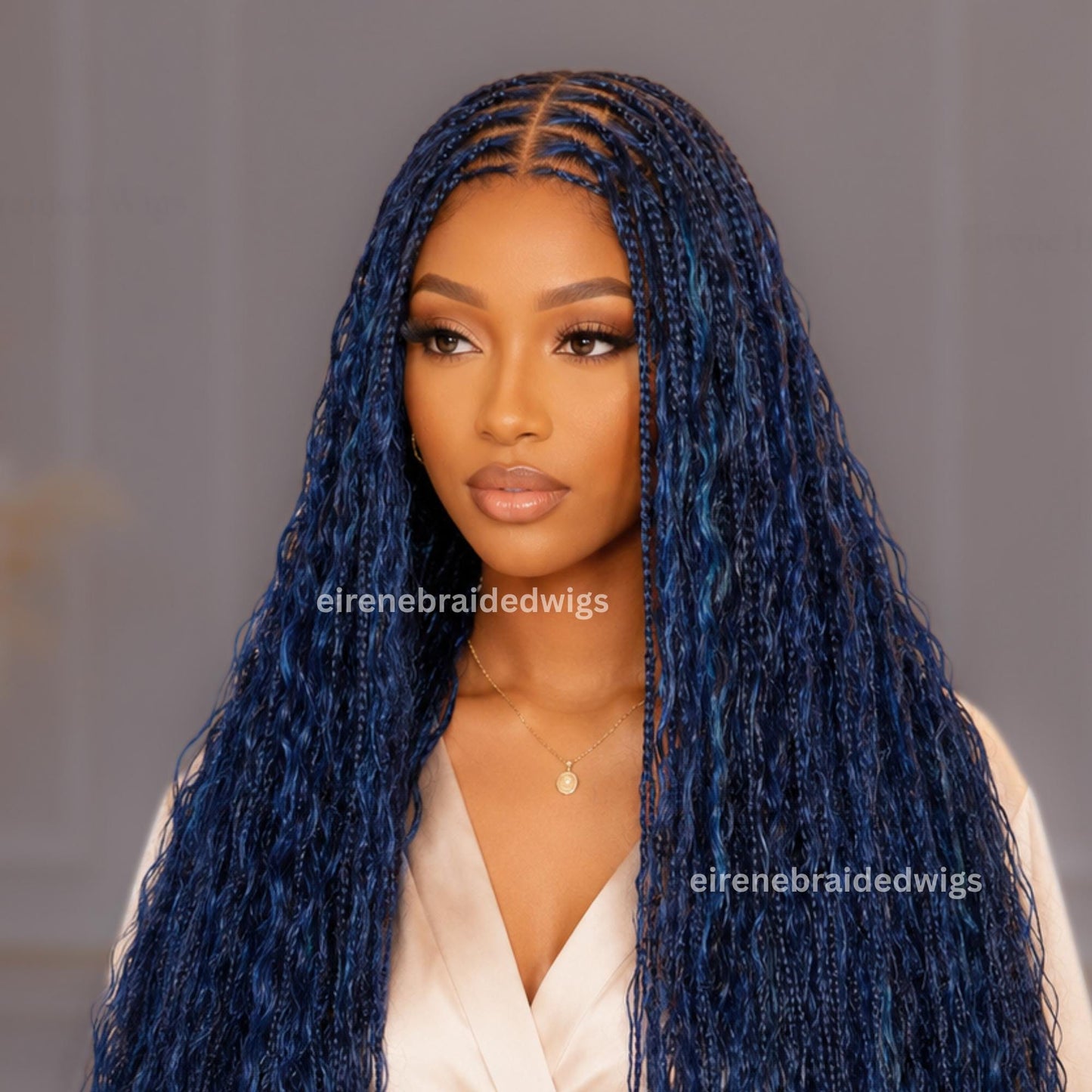 30inch Braided Wigs for Black Women – Knotless Boho Goddess Braid Wig – Black Blue Curly Human Hair Blend Full Lace Wig – product image 4
