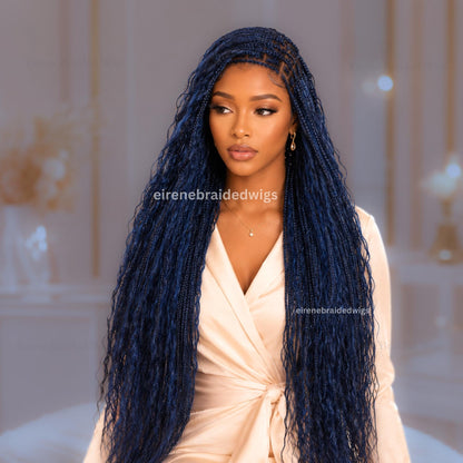 30inch Braided Wigs for Black Women – Knotless Boho Goddess Braid Wig – Black Blue Curly Human Hair Blend Full Lace Wig – product image 3