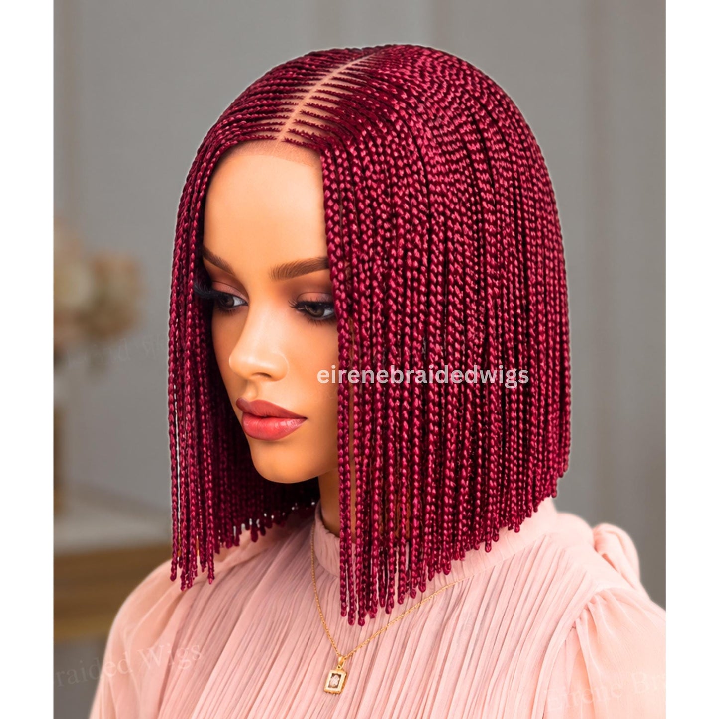 Braided Wigs for Black Women Short Bob Braided Wig – Human Hair Lace Closure – Red Burgundy Aurburn Brunette Blunt Cut Single Box – product image 5