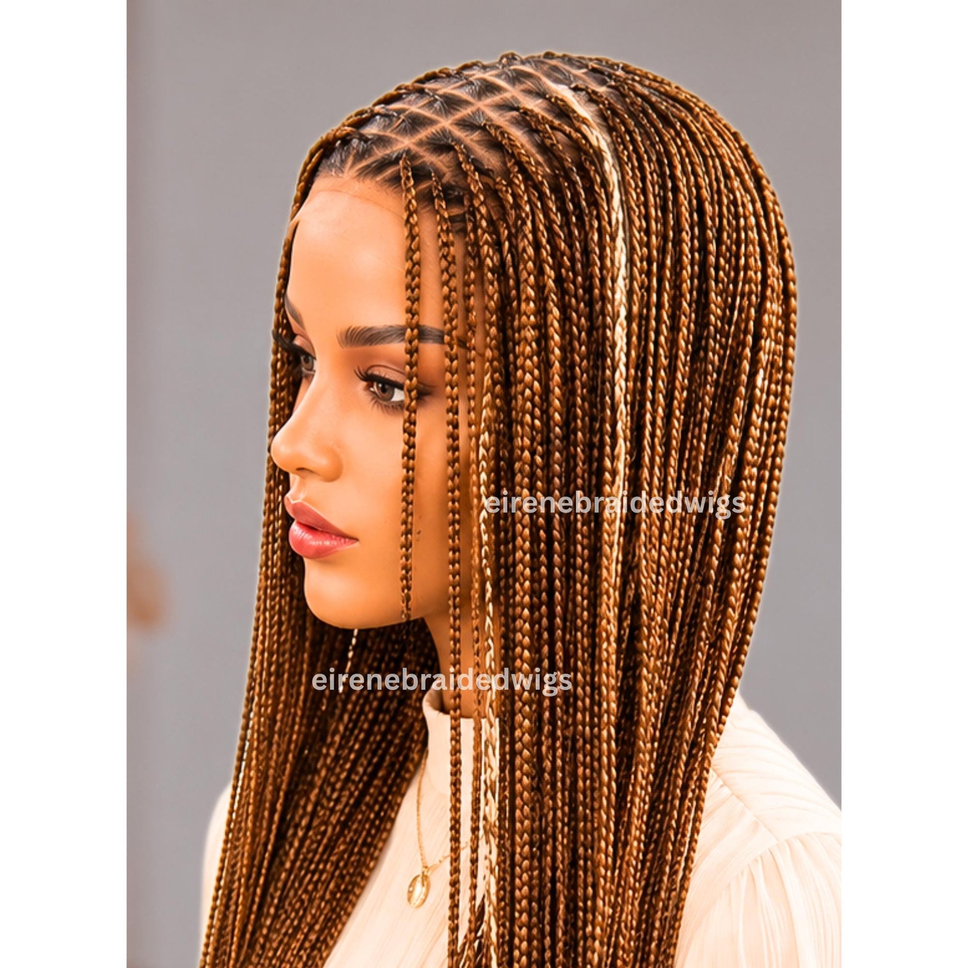 Braided Wigs for Black Women – Bone Straight Black/Brown Ombre Knotless C-curve Single Box Braids Wig with Baby Hair – Lace frontal – product image 6