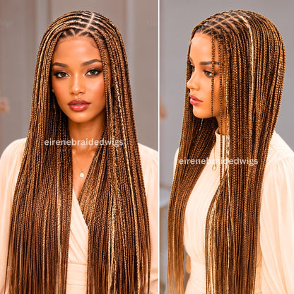 Braided Wigs for Black Women – Bone Straight Black/Brown Ombre Knotless C-curve Single Box Braids Wig with Baby Hair – Lace frontal – product image 2